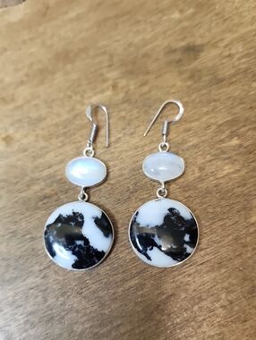 Black & White Dangle Earrings with Moonstone Accent